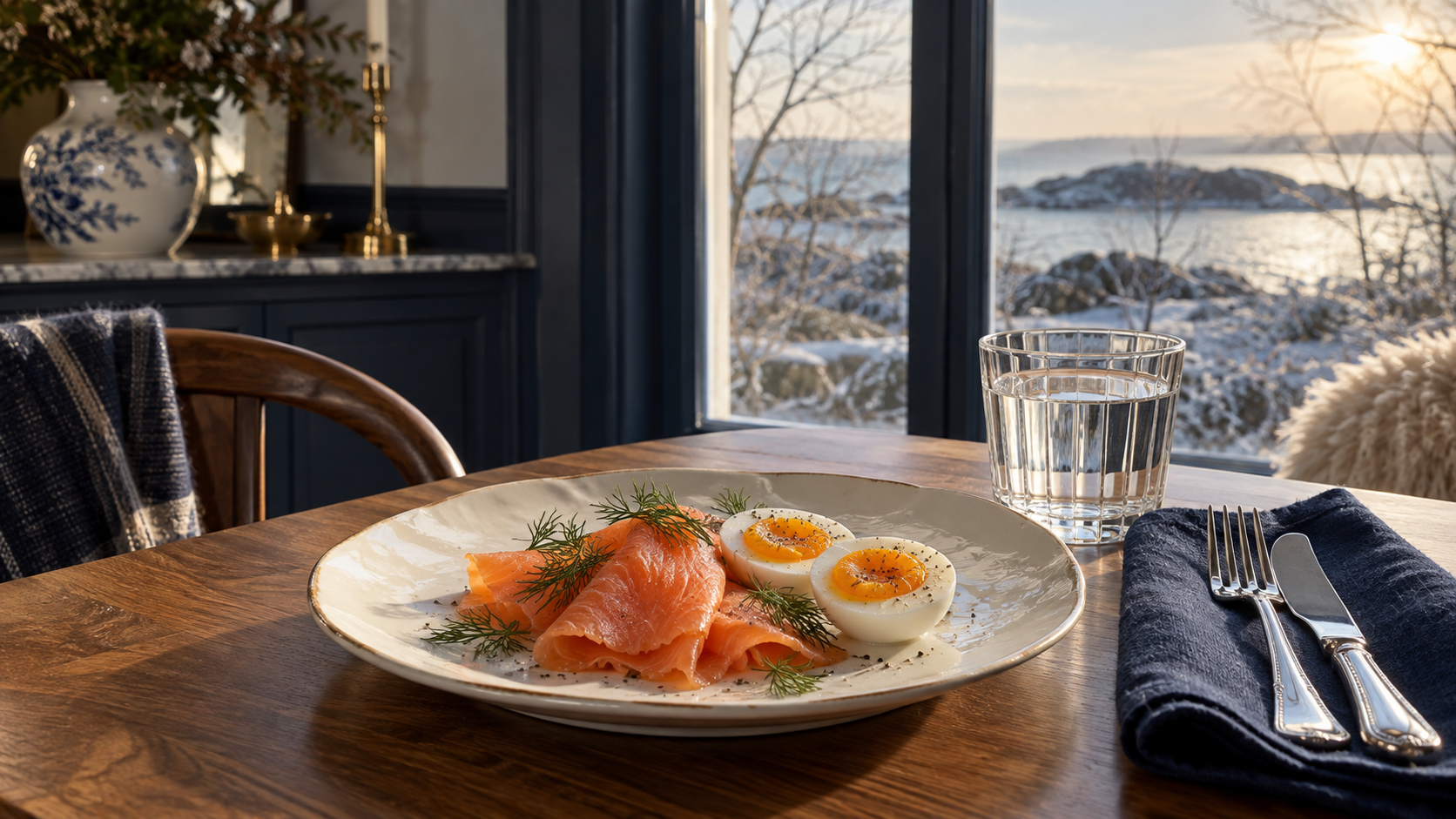 Tallrik med rökt lax, kokt ägg och dill på ett träbord vid ett fönster med snöigt vinterlandskap och lågt solljus