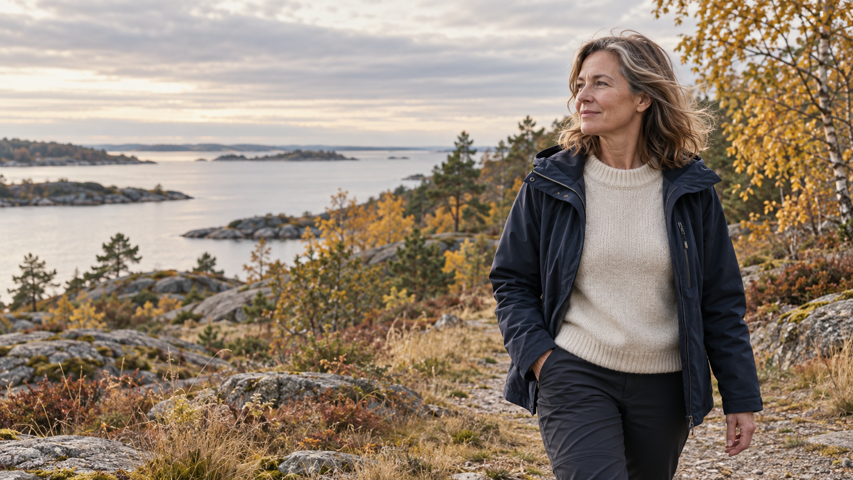 Kvinna på höstpromenad vid Östersjön med skärgård och gulnande löv i bakgrunden.