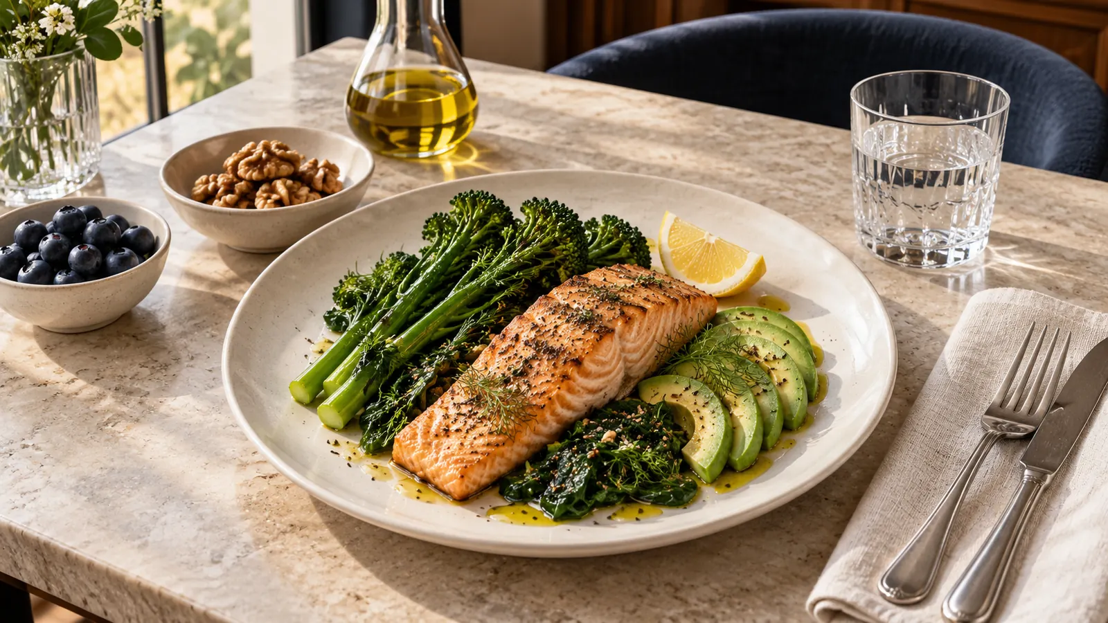 Lax med broccolini, spenat, avokado och citron på ett elegant dukat bord.