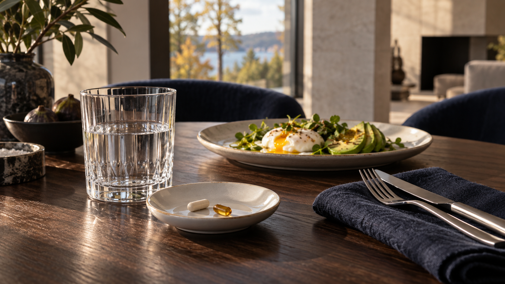 Två kosttillskott på en liten assiett bredvid ett glas vatten vid en frukost med ägg och avokado